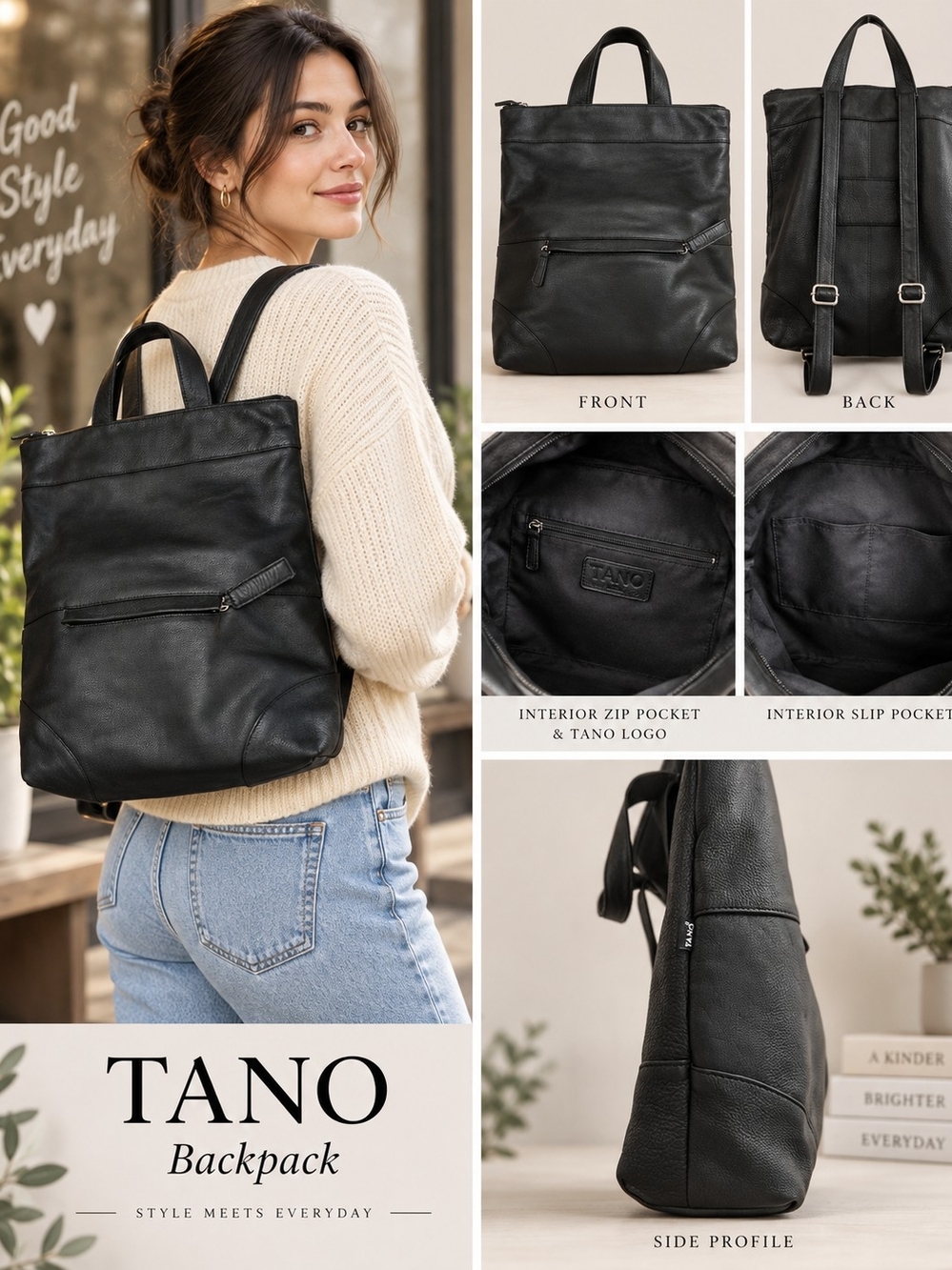 TANO Black Leather Convertible Backpack in Black